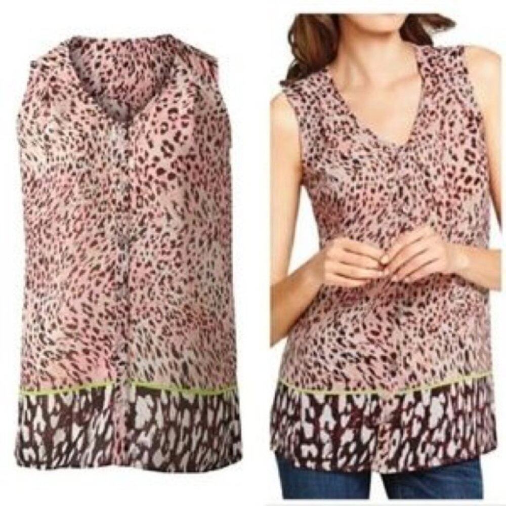 CAbi Beguile Sheer Leopard Print Sleeveless Tunic Pink/Brown Size Medium